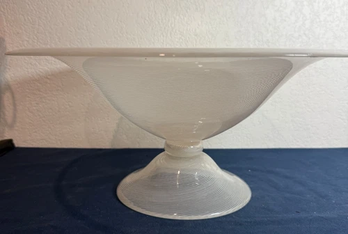 Rare Find Italian Murano Art Glass Centerpiece footed Bowl White & Clear swirl