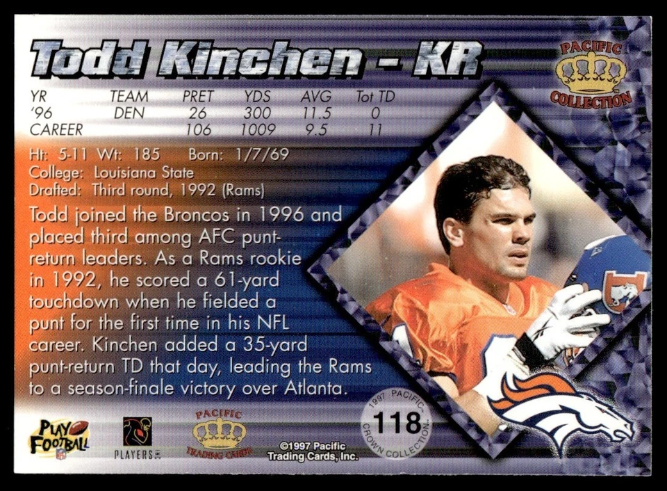 1997 Pacific Todd Kinchen Denver Broncos #118 9501 - Image 2 of 2