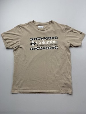 Columbia Shirt Mens Medium Beige Aztec Logo Graphic Tee Outdoor Crewneck Top