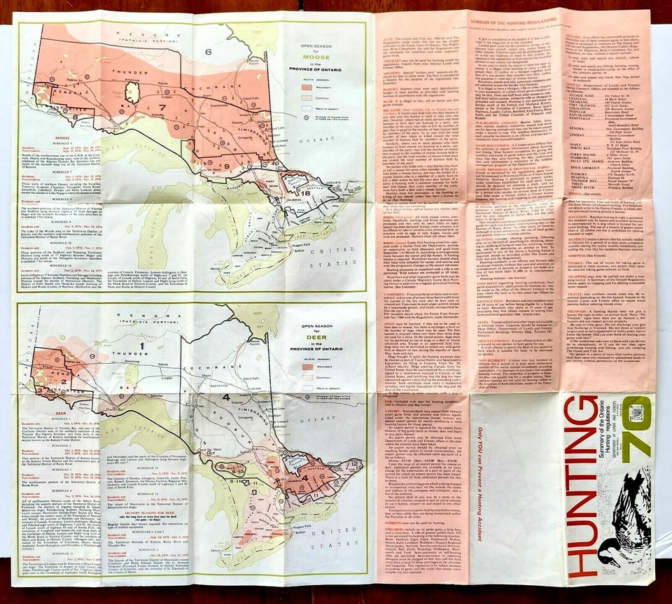 1970 Ontario Canada Hunting Regulations Vintage Brochure Map Guide