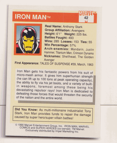 Tarjeta coleccionable Iron Man 1990 Impel Universo Marvel Iron Man 42 - Imagen 2 de 2