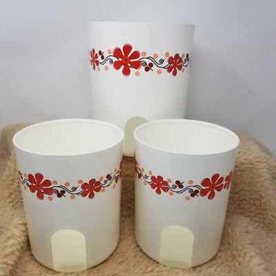 VTG RARE Tupperware Set of 3 Window CANISTERS Red FLORAL Design NO LIDS