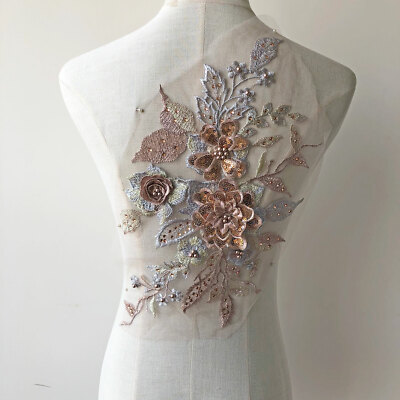 Bling 3D Blume Spitze Patch Perlen Pailletten Stickerei Floral Lace Patch