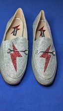 Nine*West  Wild Girls Silver/Red Glitter Lighting Bolt Loafers  Sz. 10*M (NWOB)