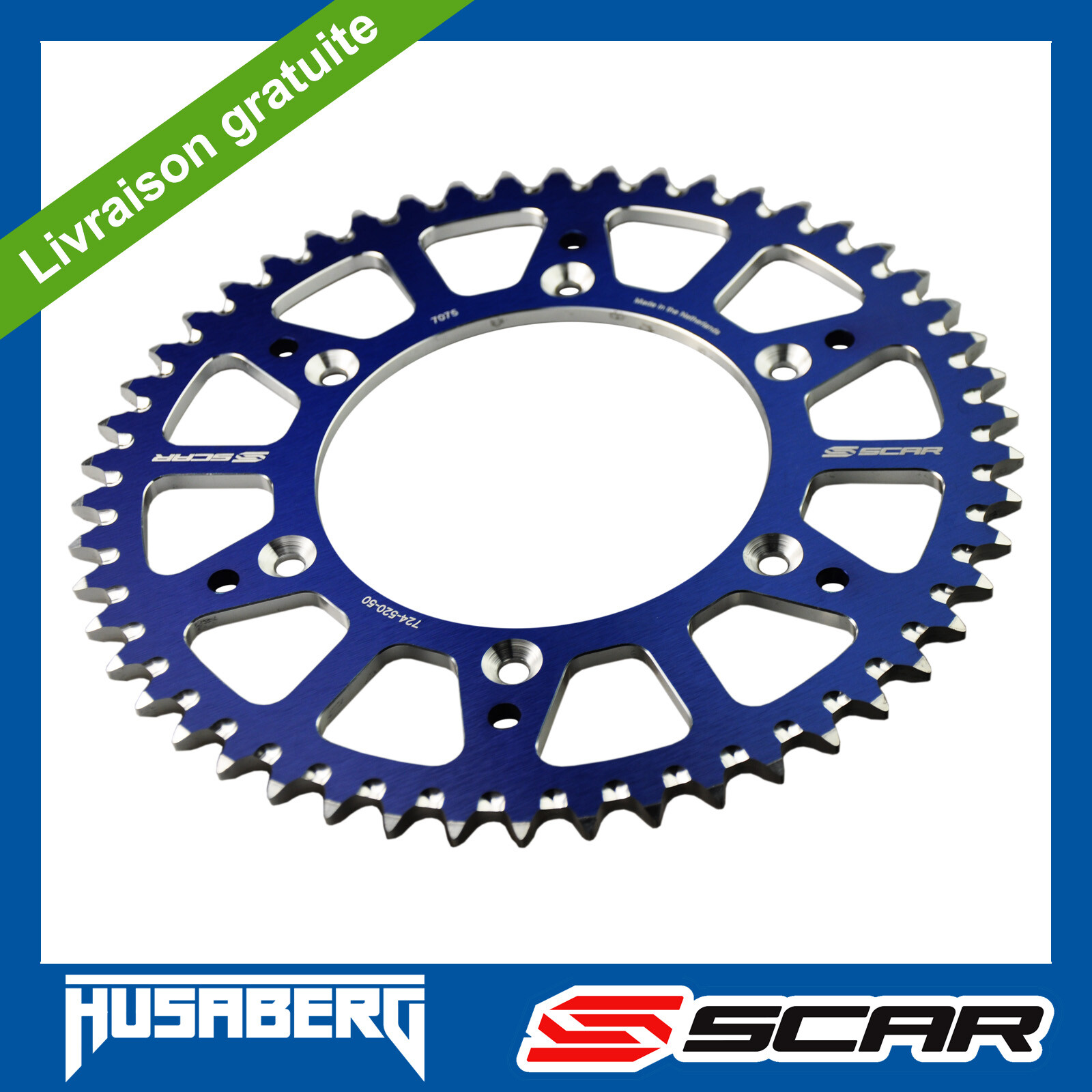 Couronne alu Scar bleu pour Husaberg FE 450, l'excellence de l'usinage CNC