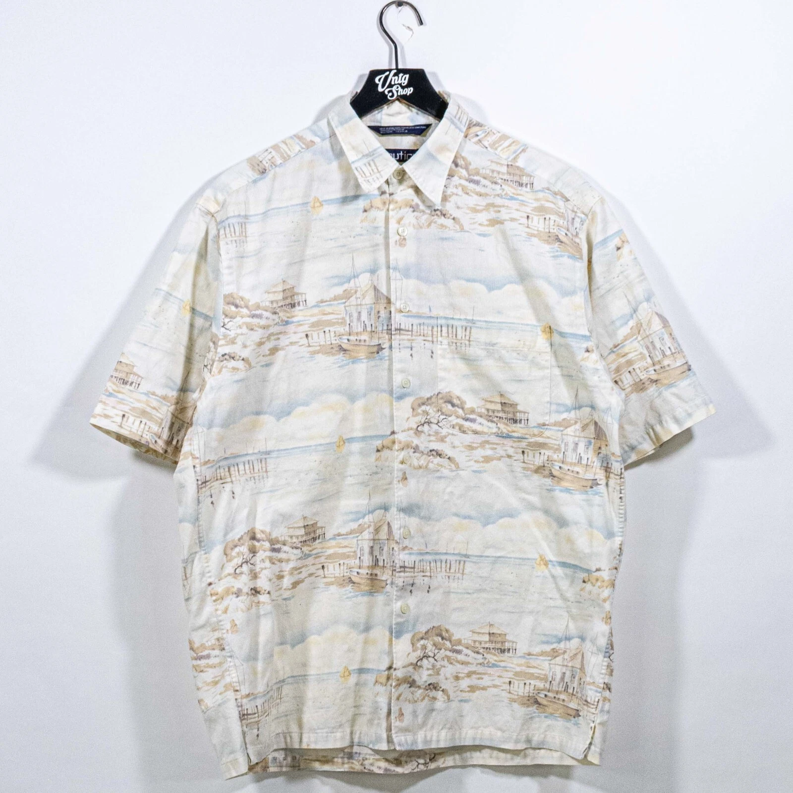 VTG Nautica AOP Boat Island Resort Shirt Medium 90s Nautical Scenic Yacht Prep