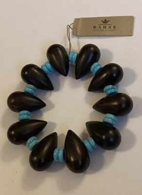 BARSE Genuine Stones Wood & Blue Color BOHO Island Style Stretch Bracelet NWT
