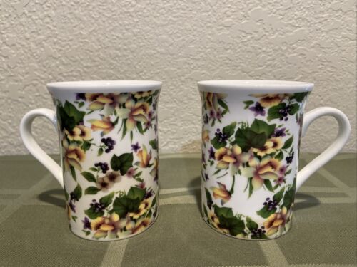 Garden Design Mugs, Set Of 2 In White With Yellow, Green & Purple, Giftable - Picture 1 of 13