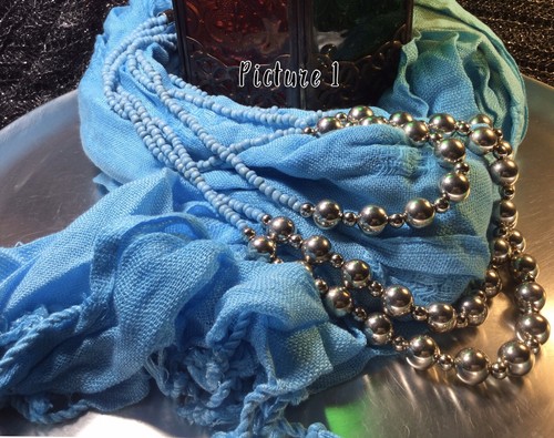 Brand New Turquoise Cotton Mix  Scarf & Bead Necklace Set