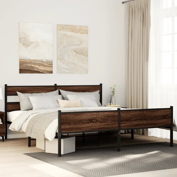 Metallbett Ohne Matratze 200X200 Cm Eiche Optik Massivholz Optik Bettgestell-image