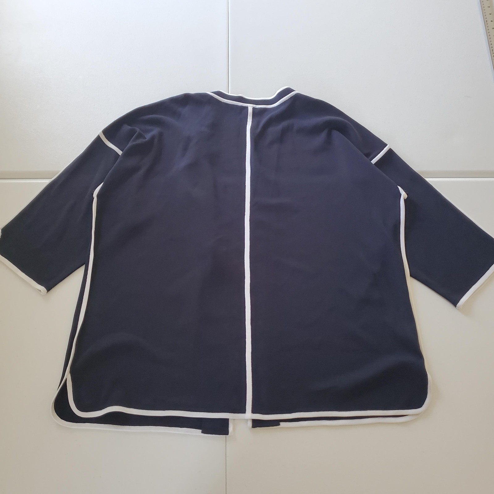 Ming Wang Cardigan Womens XL Navy White Trim Open Front 3/4 Sleeve Reimagined