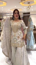 Designer Pure Natural Crep Silk Gray Top Palazzo With Dupatta For Function Wear