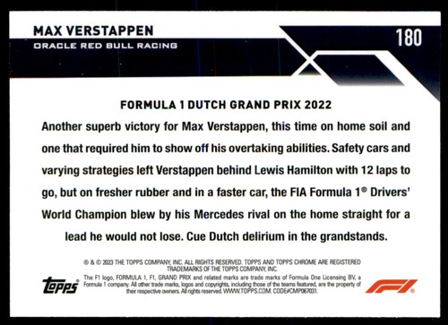 Max Verstappen 2023 Topps Chrome F1 Sapphire Edition #180 - Picture 2 of 2