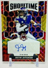 2025 Panini Mosaic Justin Jefferson Showtime Signatures Auto Red & Yellow Prizm