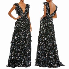 NEW Mac Duggal Ruffled Floral Print Cap Sleeve Long Gown Black Women Size 16