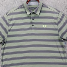 Under Armour Heat Gear Shirt Golf Polo Mens Large Purple Gray Stripes Rugby Logo