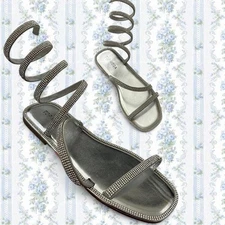 Top Moda Women 7.5 Silver Sandals With Diamanté Detailing Spiral Ankle Strap