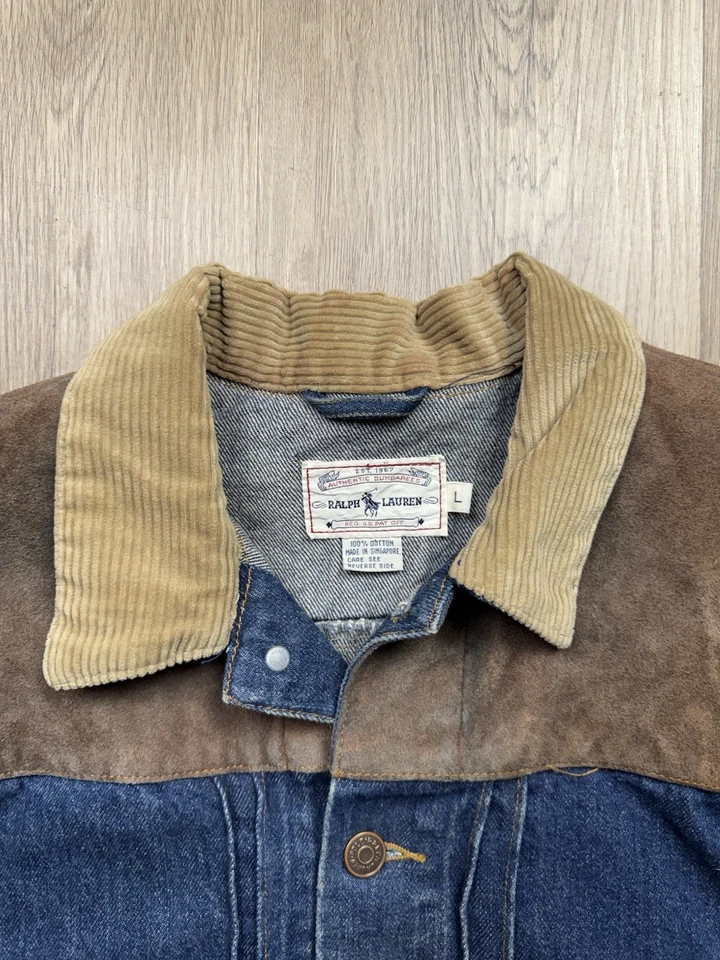 Chaqueta de Camionero Ralph Lauren Denim Años 80 De Colección Para Mujer Grande Cuero Occidental RARA Foto 4 de 4