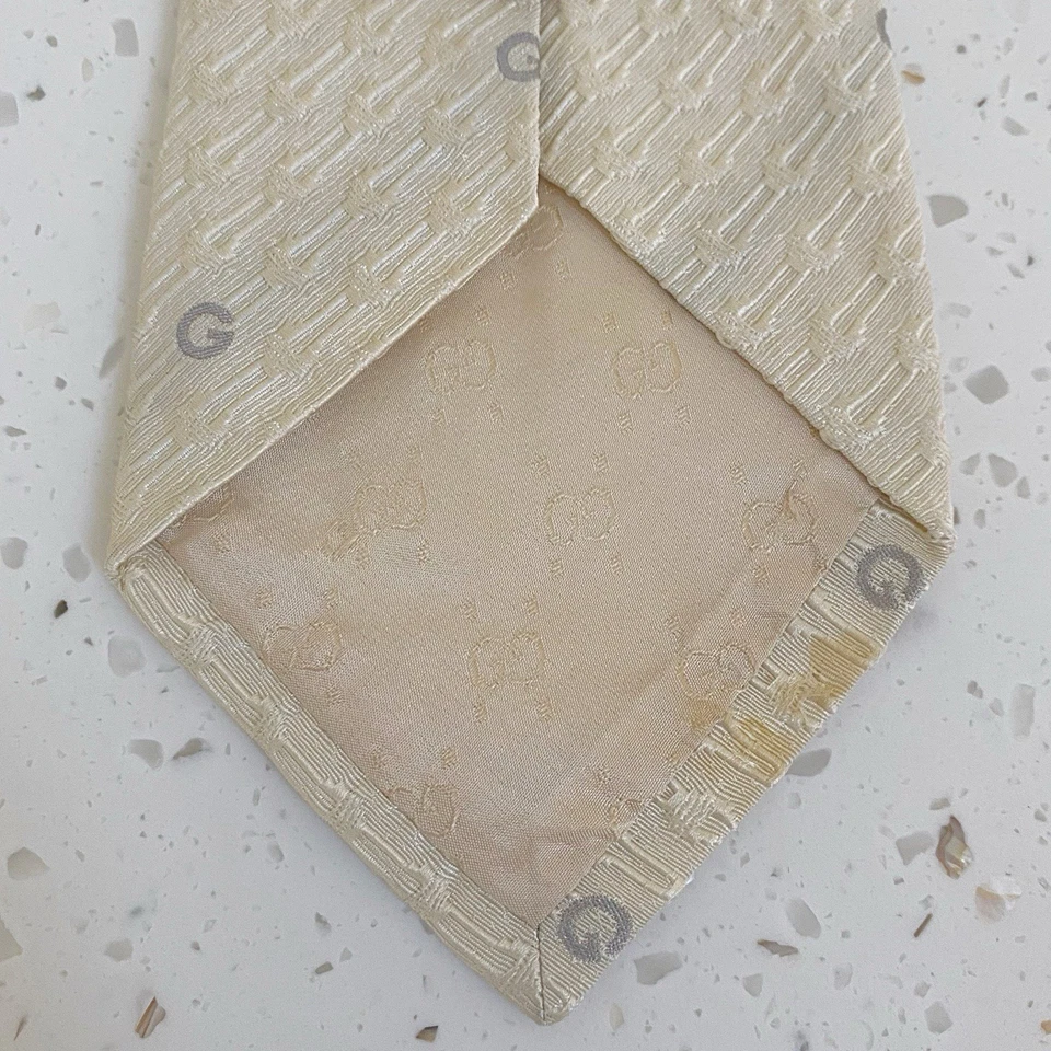 Gucci Krawatte "G" 100% Seide Creme & Silber Original Made In Italy - Bild 3 von 4