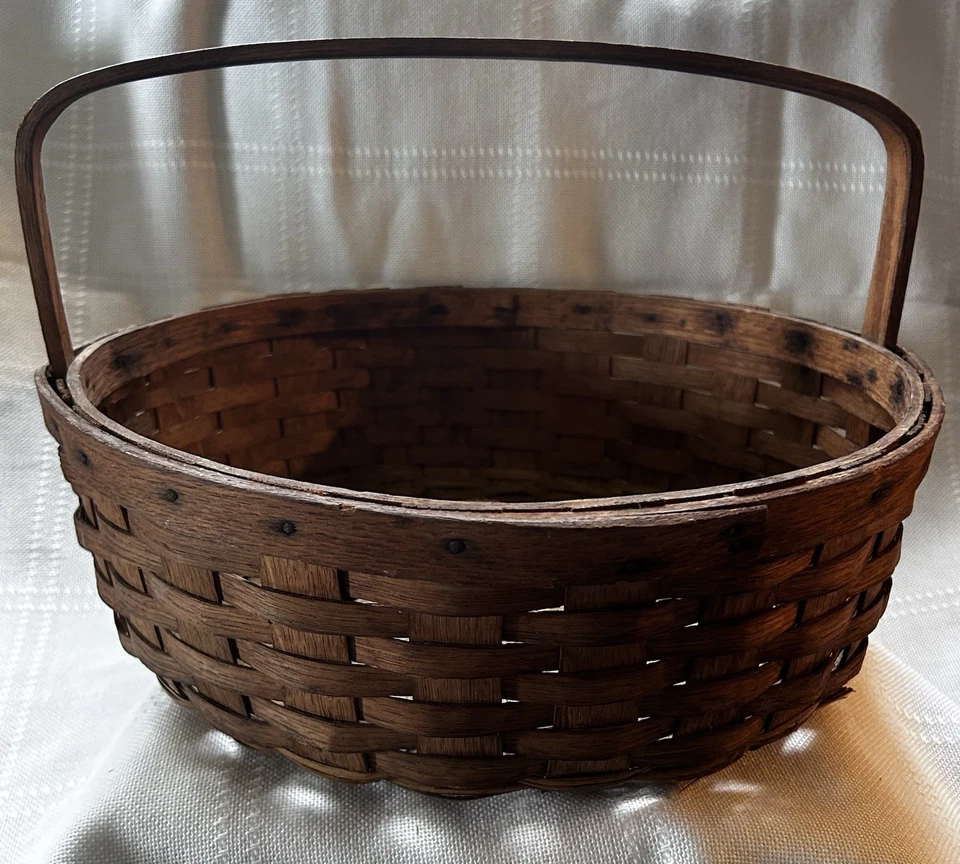 Antique c1900 Split Oak Round Gathering Basket w/ Bentwood Oak Handle - Image 3 of 4
