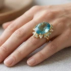 Classically Sea Blue Aquamarine 32Ct 925 Sterling Silver 24K Gold Rings Size 7