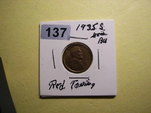 A Red AU 1935 S Lincoln Wheat Cent Penny a Nice Collectible U.S. Coin (137)