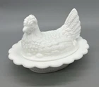 Vintage Mosser 6.5” White Milk Glass Hen On Nest Candy Dish, Trinket Dish