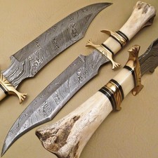 15'' BEAUTIFUL CUSTOM HAND MADE DAMASCUS STEEL HUNTING BOWIE KNIFE HANDLE BONE