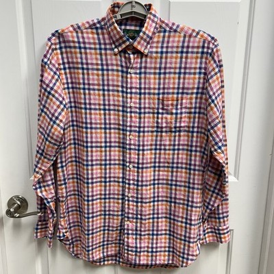 Alan Paine England Mens L 100% Linen Shirt Button Down Plaid Preppy Long Sleeve