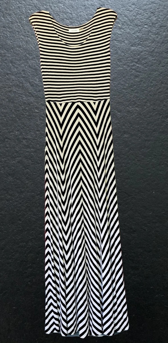 Calvin Klein Chevron Maxi Dress sz 4 Tan Black Mixed Jersey Cap