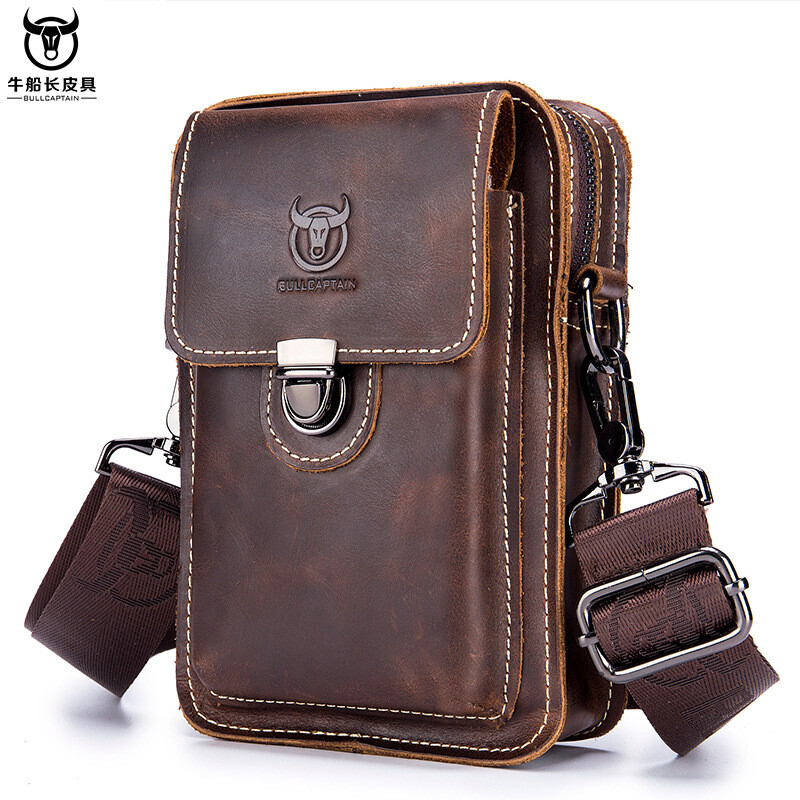 BULLCAPTAIN Cuero Genuino Hombre Bolso de Hombro Pequeño De Colección Informal Moda