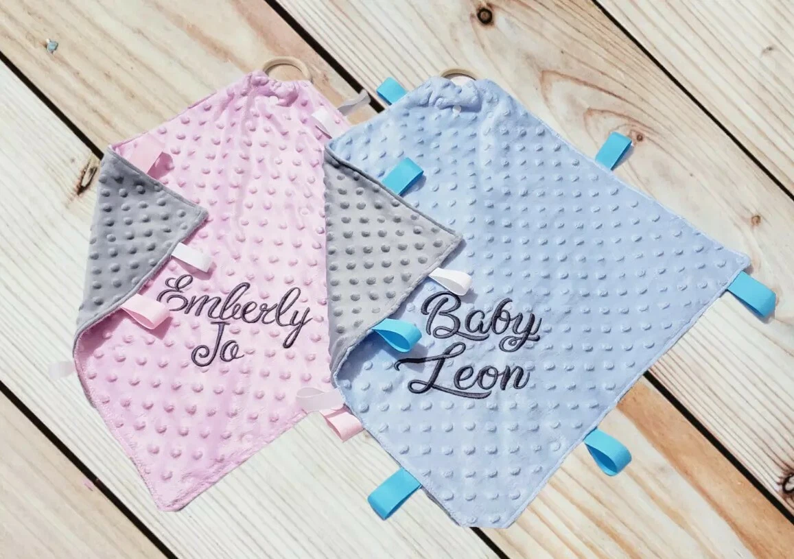 Personalized Custom Reversible Dot Minky Taggie Blankets Newborn or Shower Gift