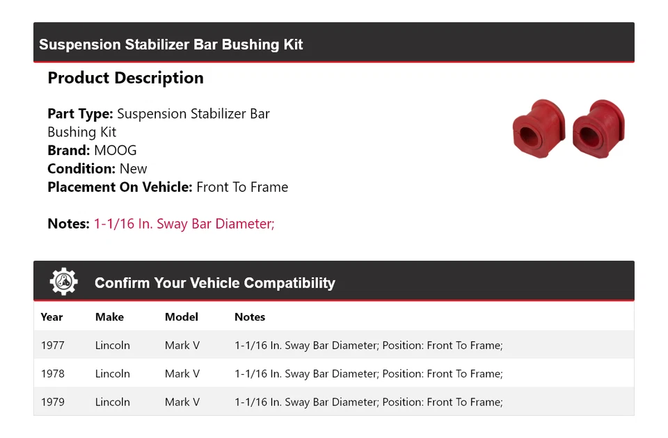 For 1977-1979 Lincoln Mark V Suspension Stabilizer Bar Bushing Kit MOOG 1977 - Image 2 of 4