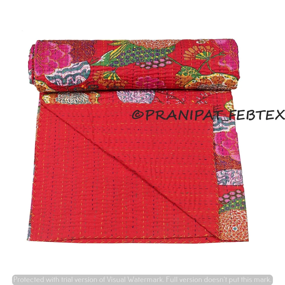 Colcha Kantha India Estampado Tropical Rojo Queen Algodón Colcha Ropa de Cama Foto 2 de 4
