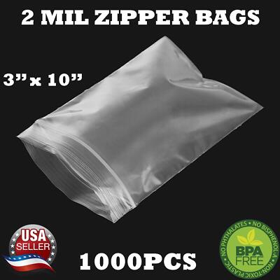 1000 - 3'' x 10'' ZIP SEAL TOP LOCK BAGS CLEAR 2 MIL PLASTIC RECLOSABLE BAGGIES