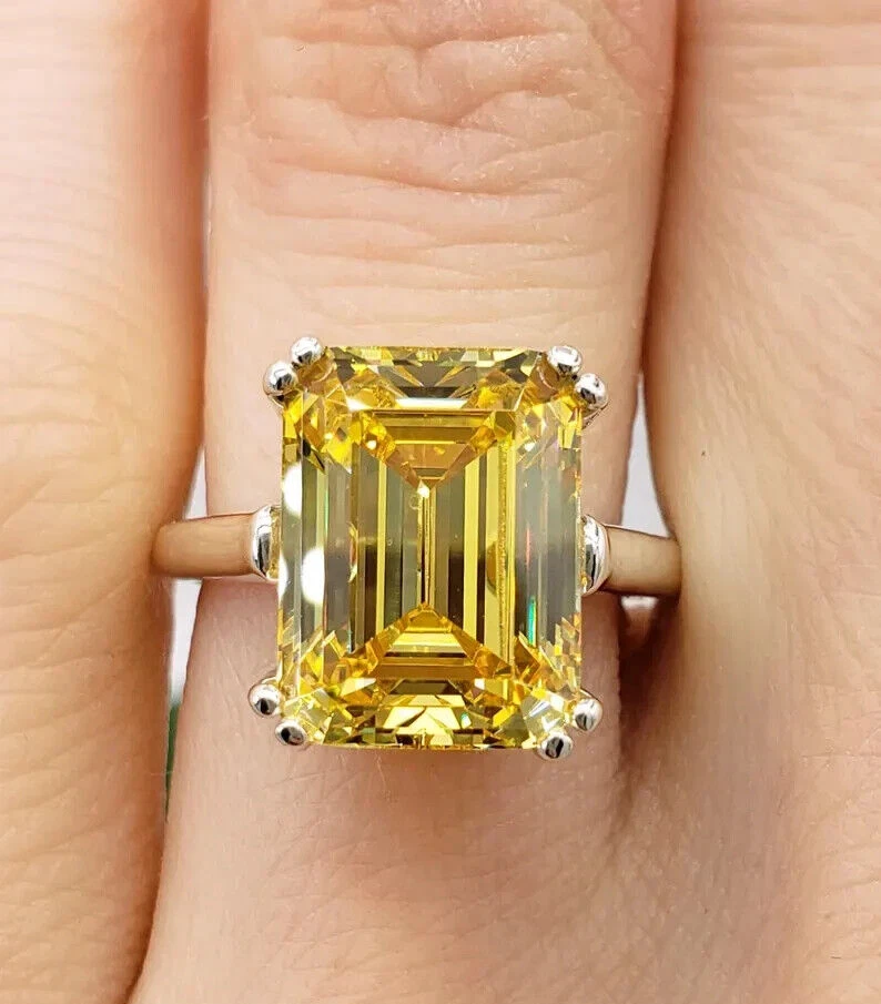 Alianza de oro blanco de 14 quilates de zafiro amarillo natural corte esmeralda de 5 quilates talla 6 7 8 Foto 3 de 4