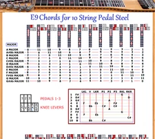 E9 CHORD CHART FOR 10 STRING PEDAL STEEL GUITAR - 48 CHORDS X 12 LOCATIONS