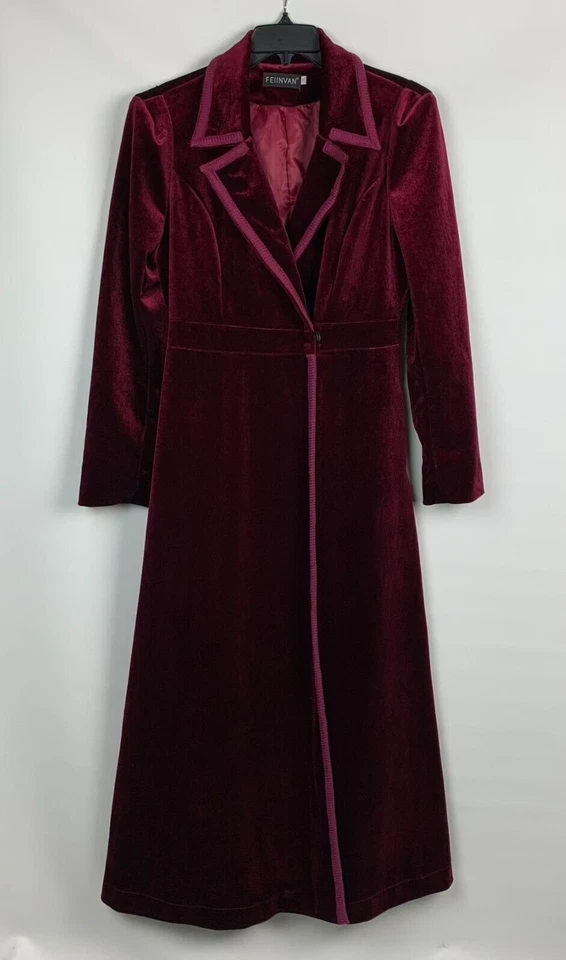 FEIINVAN Vintage Maxi Coat Burgundy Velveteen Flared Collared Trim Lined Sz 2XL