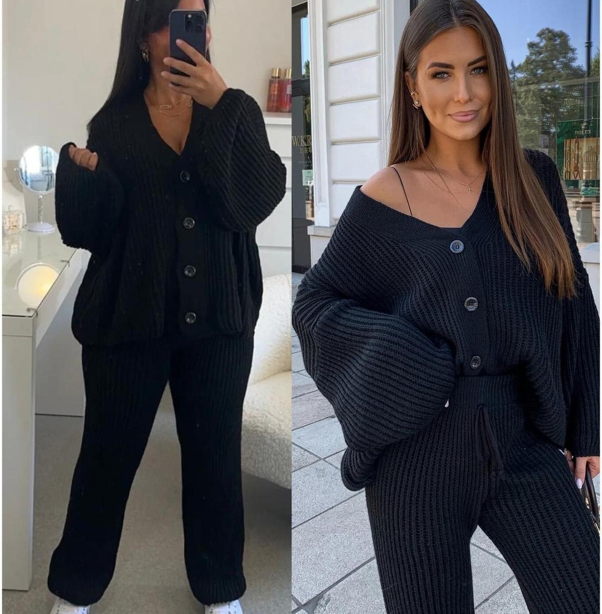 Ladies Chunky Knitted Button Up Cardigan Wide Leg Trousers