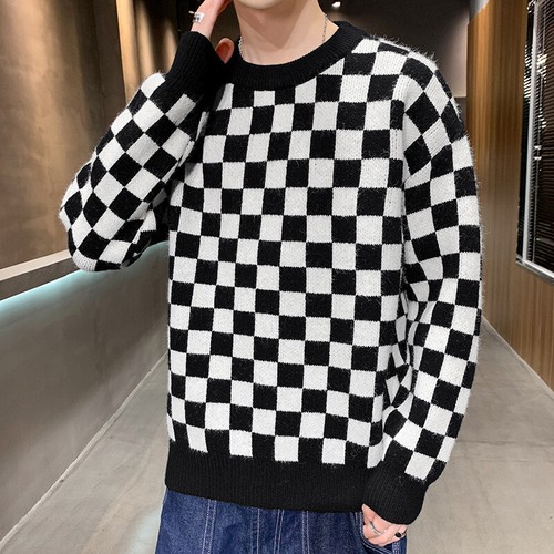 Mens Fashion Checker Round Neck Sweater 