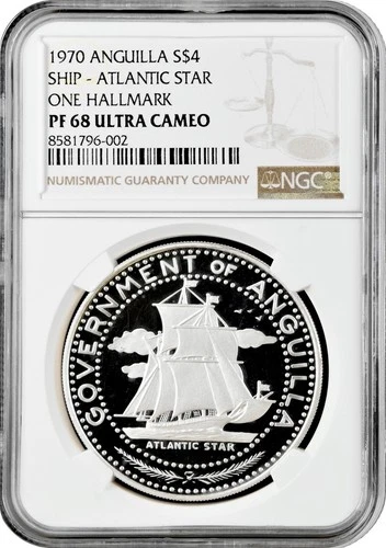 Anguilla 4 dollars 1970, NGC PF68 UC, "Ship - Atlantic Star One Hallmark"