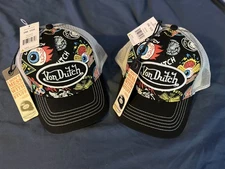 Von Dutch All Over Print Eyes Trucker Snapback Hat-Black 2pc combo