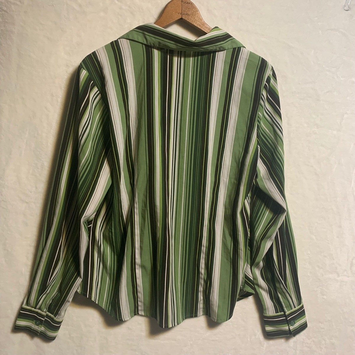 Fashion Bug Green Striped Button Down Shirt Retro Blouse Womens L
