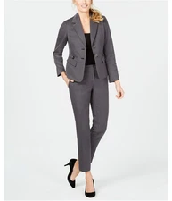 Le Suit Womens Twill Notch Collar Two Button Blazer Jacket, Grey, Petite, 8P