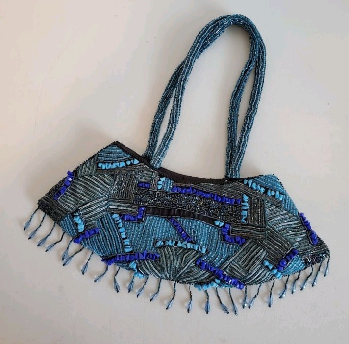 Vtg Blue Turquoise Beaded Patchwork Festival Frin… - image 1