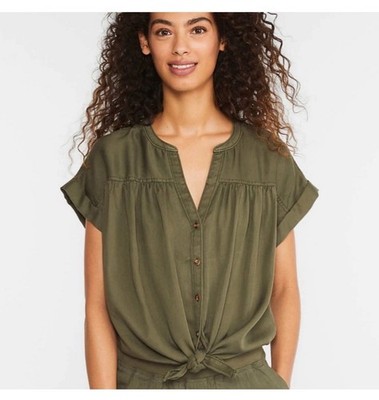 Lou & Grey for LOFT 100% Lyocell Olive Green Fluid Twill Tie Front Top Size XS
