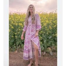 Spell Sz S Mossy Button Through Floral Gown Duster Maxi Dress Lilac