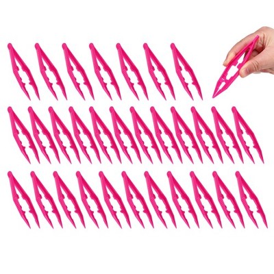 4 Inch First Aid Tweezers, 30 Pcs Plastic Bead Craft Tweezers, Rose Red