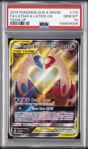 2019 POKEMON SUN & MOON TEAM UP #170 FULL ART/LATIAS & LATIOS GX PSA 10