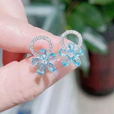 Lab Created Aquamarine 3Ct Pear Cut Flower Stud Earrings 14K White Gold Plated